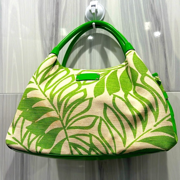 kate spade Handbags - KATE SPADE  Leaf Green & Cream Tropical Canvas Patent Leather  Shoulder Bag EUC